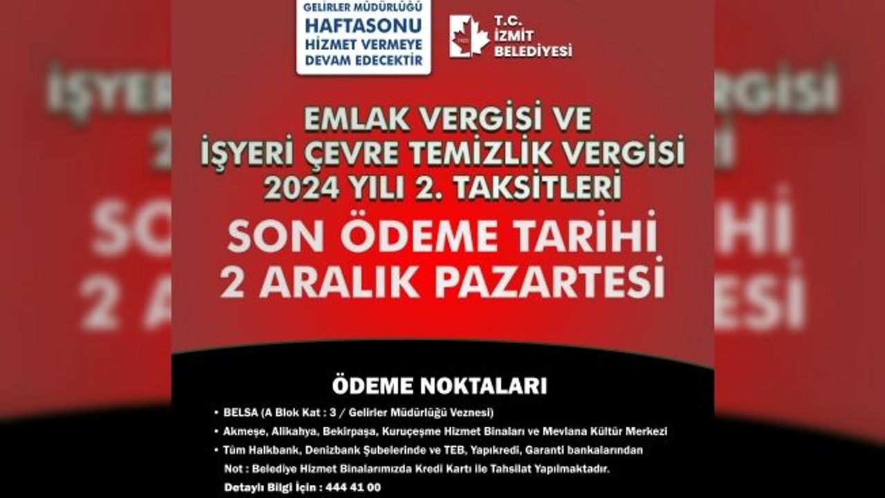 İzmit Belediyesi Gelirler Müdürlüğü hafta sonu açık olacak